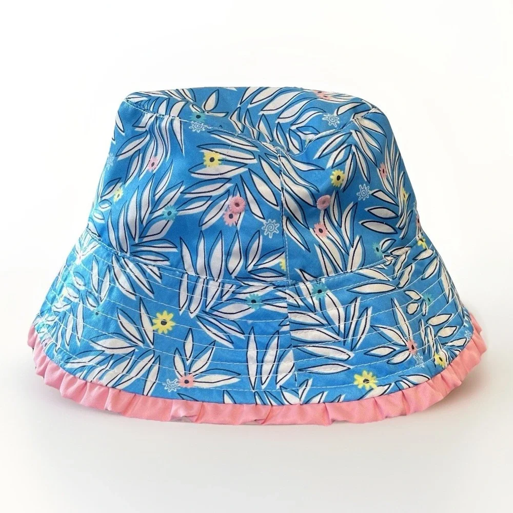 UV Skinz Girls 4T Bucket Sun Hat Floral Pink Blue White Ruffles Beach Tropical